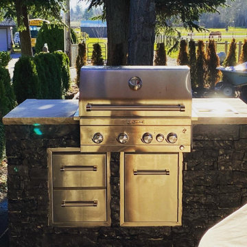 Outdoor kitchen and pass through gas fireplace