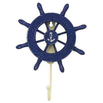 Rustic All Dark Blue Decorative Ship Wheel With Anchor With Hook 6'', Wooden