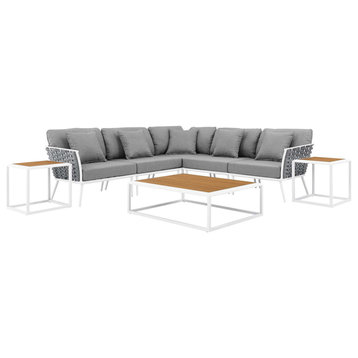 Sectional Sofa Table Set, White Gray, Aluminum, Modern, Outdoor Patio