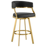 Armen Living - Saturn Gold Brushed Swivel Counter Stool, Black, 26" - Bring sophisticated elegance and comfort to any corner of your space with the Saturn Swivel Counter or Bar Height Stool in Faux Leather and Stainless Steel by Armen Living. Refined design details and a mix of high-quality materials lend luxurious charm to our barstool. The beautifully stylized armrest and curved back offer a polished and sophisticated look. The generously padded, barrel back flows into the beautifully stylized armrests for maximum comfort and a sophisticated silhouette. Perched upon tapered stainless steel legs, the Saturn barstool effortlessly combines comfort and aesthetics. It adds a dose of style and practicality to your kitchen island, pub table, eat-in kitchen, home bar, or adjustable desk in a home office. This stool includes a built-in circular footstool for an added layer of comfort, along with the high-density foam cushions and supple faux leather. Each leg is tipped with floor protectors, ensuring that the bar stool will not slip on or scratch hardwood or tile floors, making this a durable bar stool that will last for many years to come.  Its smooth 360-degree swivel function offers maximum mobility and will become your favorite spot to sit and enjoy conversations with friends and family. The Saturn Swivel Counter and Bar Height Stool is available in a Gold Brushed Stainless finish with Light Sand, White, or Black faux leather, or Brushed Stainless Steel finish in Gray or Black faux leather to bring lasting elegance to your home.