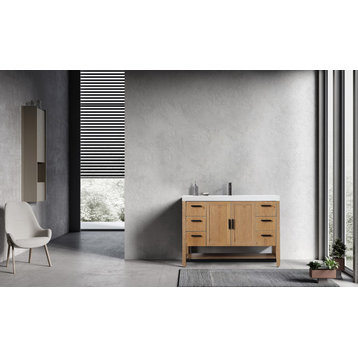 WINCHESTER Freestanding Modern Bathroom Vanity, Pecan Oak, 48", White Countertop