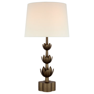 Alberto Large Triple Table Lamp in Antique Bronze Leaf with Linen Shade
