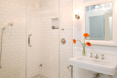 Inspiration for a large timeless master white tile and subway tile marble floor corner shower remodel in Boston with a console sink