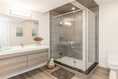 Bathroom - mid-sized transitional laminate floor and multicolored floor bathroom idea in Other with white walls
