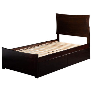 Twin Platform Bed, Hardwood Frame With Slat Support and 2 Drawers, Espresso