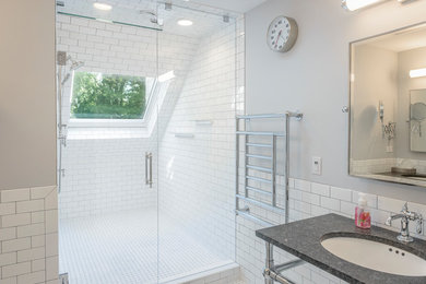 Alcove shower - large traditional master white tile and subway tile marble floor and white floor alcove shower idea in Chicago with open cabinets, a two-piece toilet, gray walls, an undermount sink, granite countertops and a hinged shower door