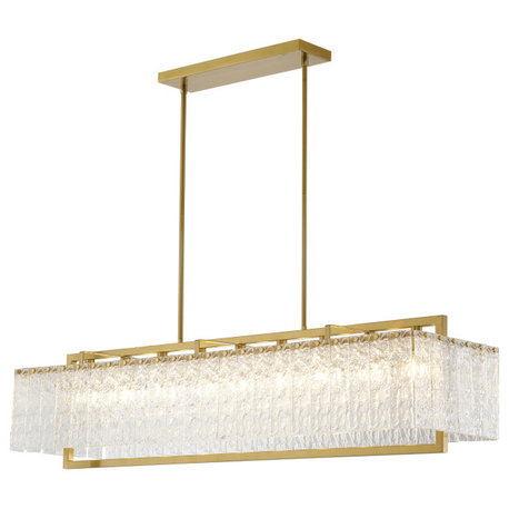 9-Light Brass Chandelier With Clear Rippled Glass