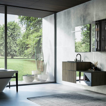 Modern bathroom with beige wall mounted vanity