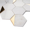 3“ Hexagon White and Gold Metal Stainless Steel Polished Marble Tile (10 sheets)