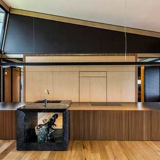 Huge contemporary kitchen pantry remodeling - Example of a huge trendy galley kitchen pantry design in Sunshine Coast with an integrated sink and an island