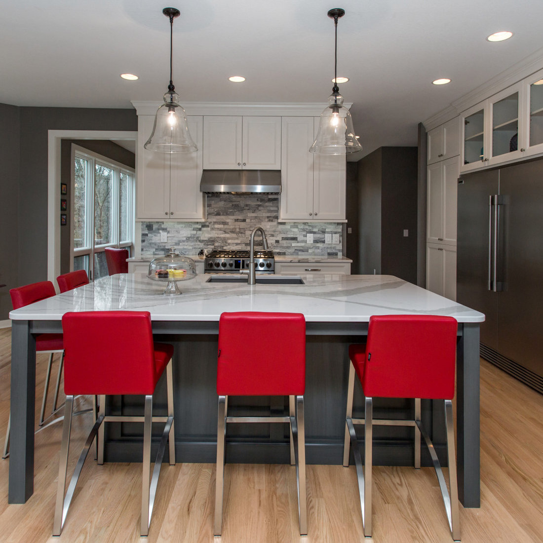 White, Grey, and Red Kitchen