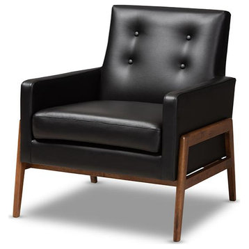 Perris Mid-Century Modern Black Faux Leather Upholstered Walnut Wood Lounge...