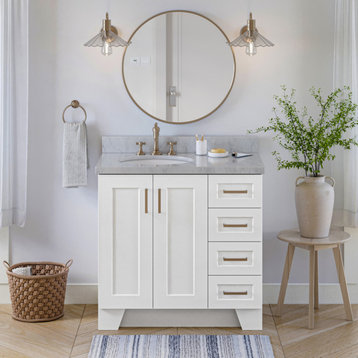 Ariel Taylor 37" Left Oval Sink Bath Vanity, White, 1.5" Carrara Marble