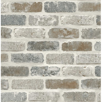 GW1003 Washed Faux Brick Peel & Stick White Gray Brown Wallpaper