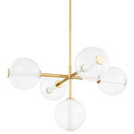 Hudson Valley Lighting - Richford 5 Light Chandelier - Opal glass LED tube lights are centered within clear glass globes giving Richford a clean, modern silhouette that feels fresh. The lighting effect caused by this innovative glass technique is simply stunning. Available as a sconce, chandelier and linear with Aged Brass arms and details to work in a variety of spaces.