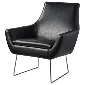 Contemporary Accent Chair, Slightly Distressed Faux Leather Seat, Black