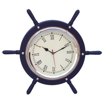 Dark Blue Wood And Chrome Ship Wheel Clock 15'', Boat Steering Wheel