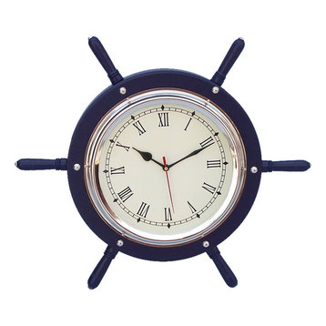 Dark Blue Wood And Chrome Ship Wheel Clock 15'', Boat Steering Wheel