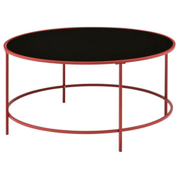 Bowery Hill Contemporary Glass Top Round Coffee Table in Red