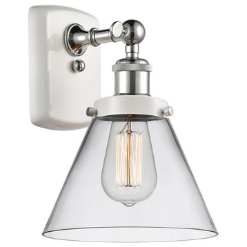 Ballston Large Cone 1 Light Wall Sconce, White and Polished Chrome, Clear Glass