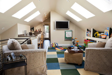 Inspiration for a mid-sized transitional loft-style dark wood floor and brown floor family room remodel in Chicago with white walls and a wall-mounted tv
