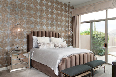Transitional master carpeted and beige floor bedroom photo in Phoenix with brown walls