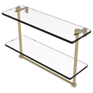 16" Two Tiered Glass Shelf with Integrated Towel Bar, Satin Brass