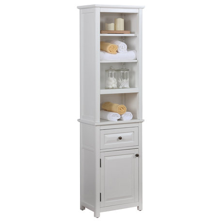 Dorset Bathroom Storage Tower, Open Upper Shelves, Lower Cabinet and Drawer