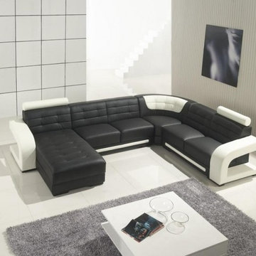 Modern Black Bonded Leather U Shape Sectional Sofa White Accents