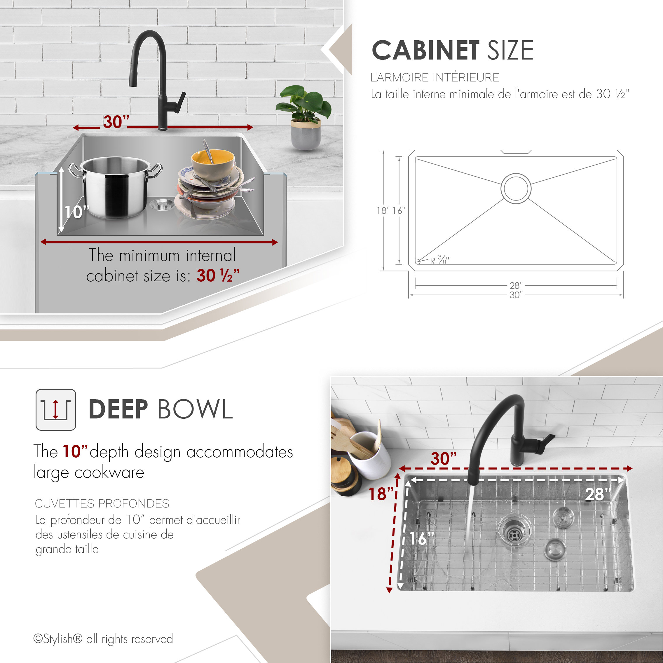 STYLISH 30" Single Bowl 16 Gauge Stainless Steel Kitchen Sink With Grid