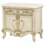 Michael Amini - Platine de Royale Nightstand - Champagne - Give your room a classic, elegant look with the Platine de Royale Nightstand. Beautifully appointed velvet-lined drawers help to protect and organize your fragile possessions. These luxurious lined drawers keep items in place as you open and close the drawers. The champagne finish and ornate details throughout this piece will have you feeling like you are royalty.