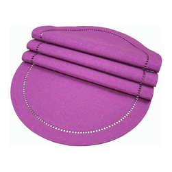 Xia Home Fashions - Melrose Easy Care Cutwork Hemstitch 16" Round Placemat, Plum, Set of 4 - Placemats