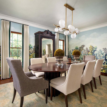Scenic landscape wallpaper mural in classic dining room