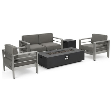 Coral Bay Outdoor Aluminum Khaki Chat Set With Fire Table, Dark Gray