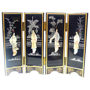 14" Hand-Painted Oriental Black Lacquer With Mother of Pearl Folding Screen