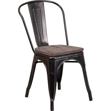 Black-Antique Gold Metal Stackable Chair With Wood Seat