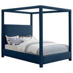 Meridian Furniture - Emerson Upholstered Bed, Navy, King, Linen Textured Fabric - Get plenty of Z's when you sleep in this Emerson navy linen textured fabric king bed. This canopy bed is fit for a king, with four posts providing a luxurious frame for your mattress. Its mid-century modern design and rich navy linen textured fabric gives the bedframe a cozy feel, making it a wonderful addition to any sleeping space. With its unique blend of wood, linen textured, and foam construction, this Emerson king sized bed is both sturdy and large enough to fit royalty.