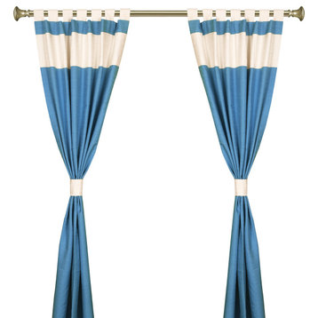 Turquoise Cream Tab Top Raw Silk Curtain (43 in.x96 in.) Matching Tieback -Pair