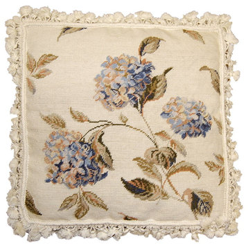 Gross Point Blue Hydrangea With White Background & Tassels Pillow, 20"x20"