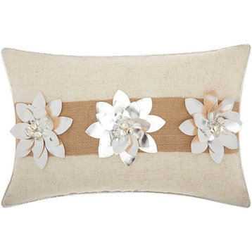 Mina Victory Home For The Holiday 3 Pointsettias Pillow, Silver, 12"x18"