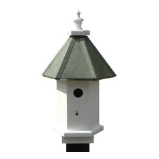 Things2Die4 Weathered White Silo Design Hanging Metal Birdhouse with Blue Trim Things2Die4 Weathered White Silo Design Hanging Metal Birdhouse with Blue Trim