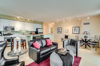 Example of a large transitional open concept and formal light wood floor and brown floor living room design in Chicago with beige walls, a tv stand and no fireplace