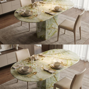 Luxury Green Onyx Oval Dining Table with Sculptural Hexagonal Base