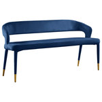 Meridian Furniture - Destiny Upholstered Bench, Navy, Velvet - Enjoy extra seating space in your home with this Destiny navy velvet bench. Its soft, navy velvet upholstery offers coziness while sitting, ensuring you and your guests are always comfortable. A rounded, open back provides additional comfort as well as style. Gold tipped upholstered legs give this bench an extra touch of style that complements any contemporary living space. Its long length guarantees that you'll always have extra space to seat family and friends who visit.