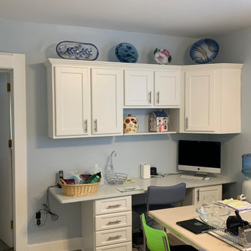 cabinet refacing---white cabinets with white quartz and glazed backsplash