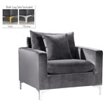 Meridian Furniture - Naomi Velvet Upholstered Chair, Gray - Curl up with a good book from the welcoming confines of this Naomi Grey Velvet Chair. The color of this chair adds a bold touch to your decor and shakes up otherwise neutral color schemes. Plush velvet material feels cozy and comfortable against your skin, while deep seat cushions provide lots of room for you to stretch your legs. This chair comes with both gold and chrome legs, so you can customize its look to meet your decor plans. Pillows are included for added homey warmth and comfort.