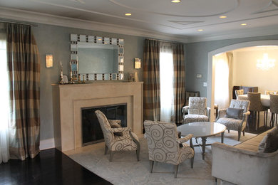 Mid-sized trendy formal and enclosed ceramic tile living room photo in New York with green walls, a standard fireplace and a stone fireplace