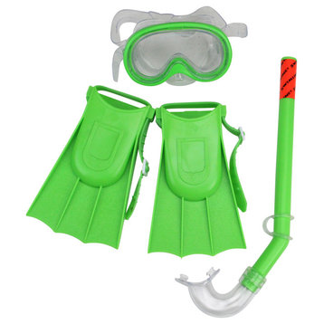 Set of 3 Green Recreational Mask Snorkel and Fins For Children 12.75"