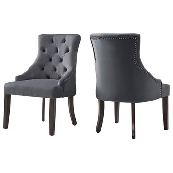 Rosalyn Velvet Button Tufted Sloped Wingback Dining Chair, Set of 2, Dark Grey