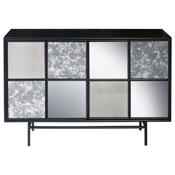 Contemporary Console Table, Unique Design With Mirrored Paneled Doors, Black